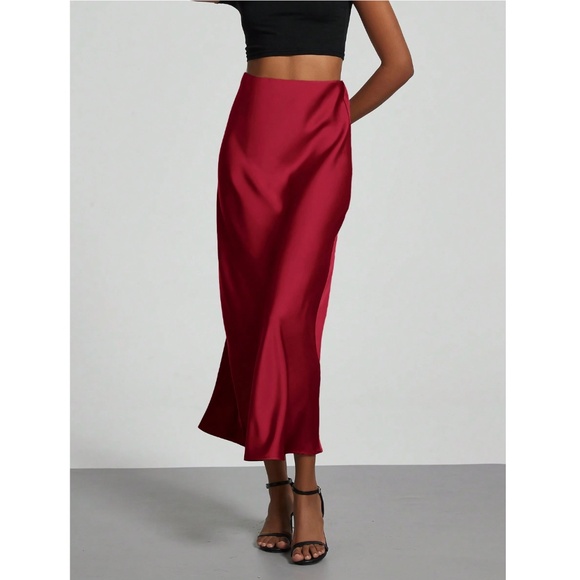 Burgundy Satin A-Line Skirt High Waisted Long - Picture 5 of 9